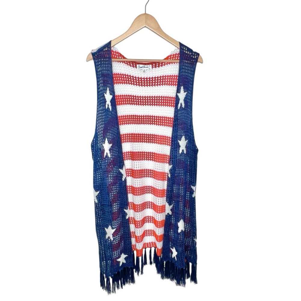 Cloud Chaser American Flag Crochet Fringe Vest Sz 3X Open Knit Red White Blue